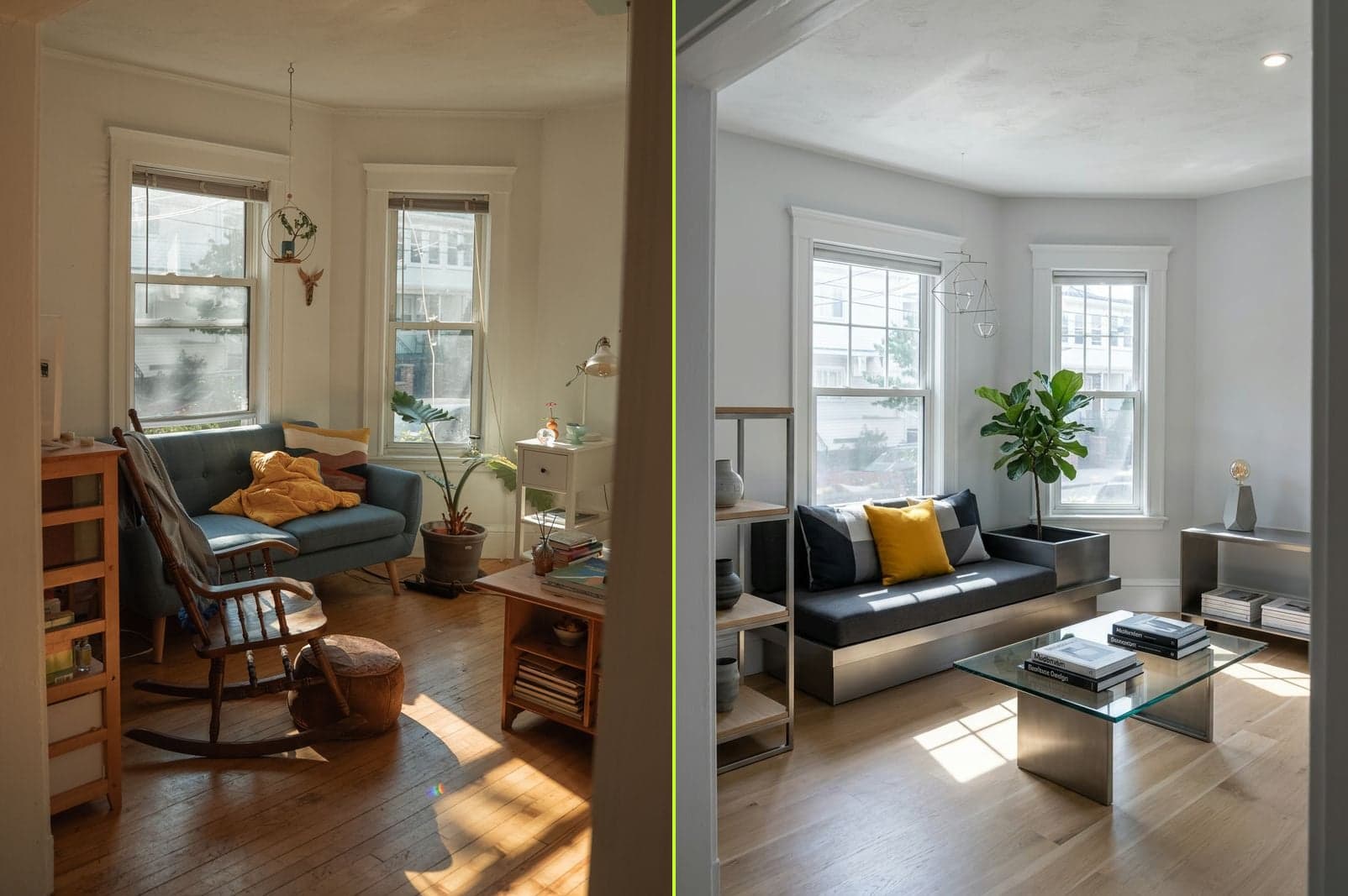 Cluttered living room redesigned in modern style — AI interior design before and after