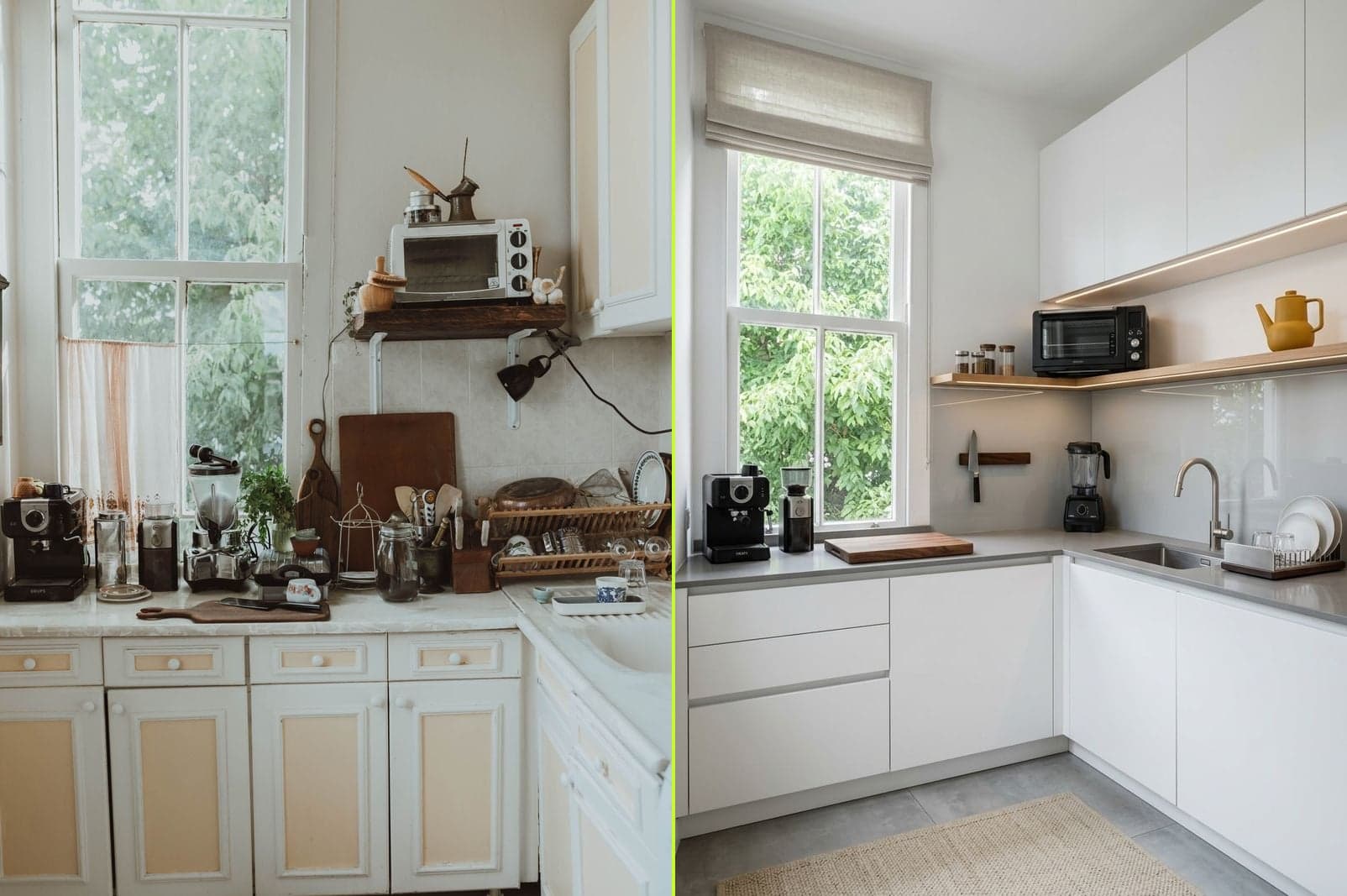 Outdated kitchen renovated in modern style — AI interior design before and after