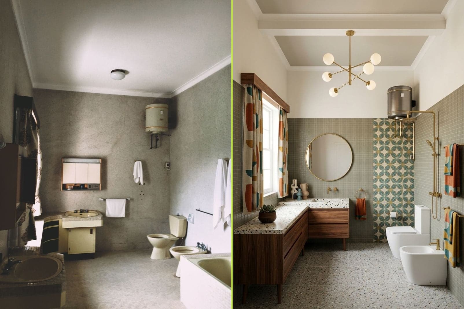 Old bathroom transformed into mid-century modern style — AI interior design