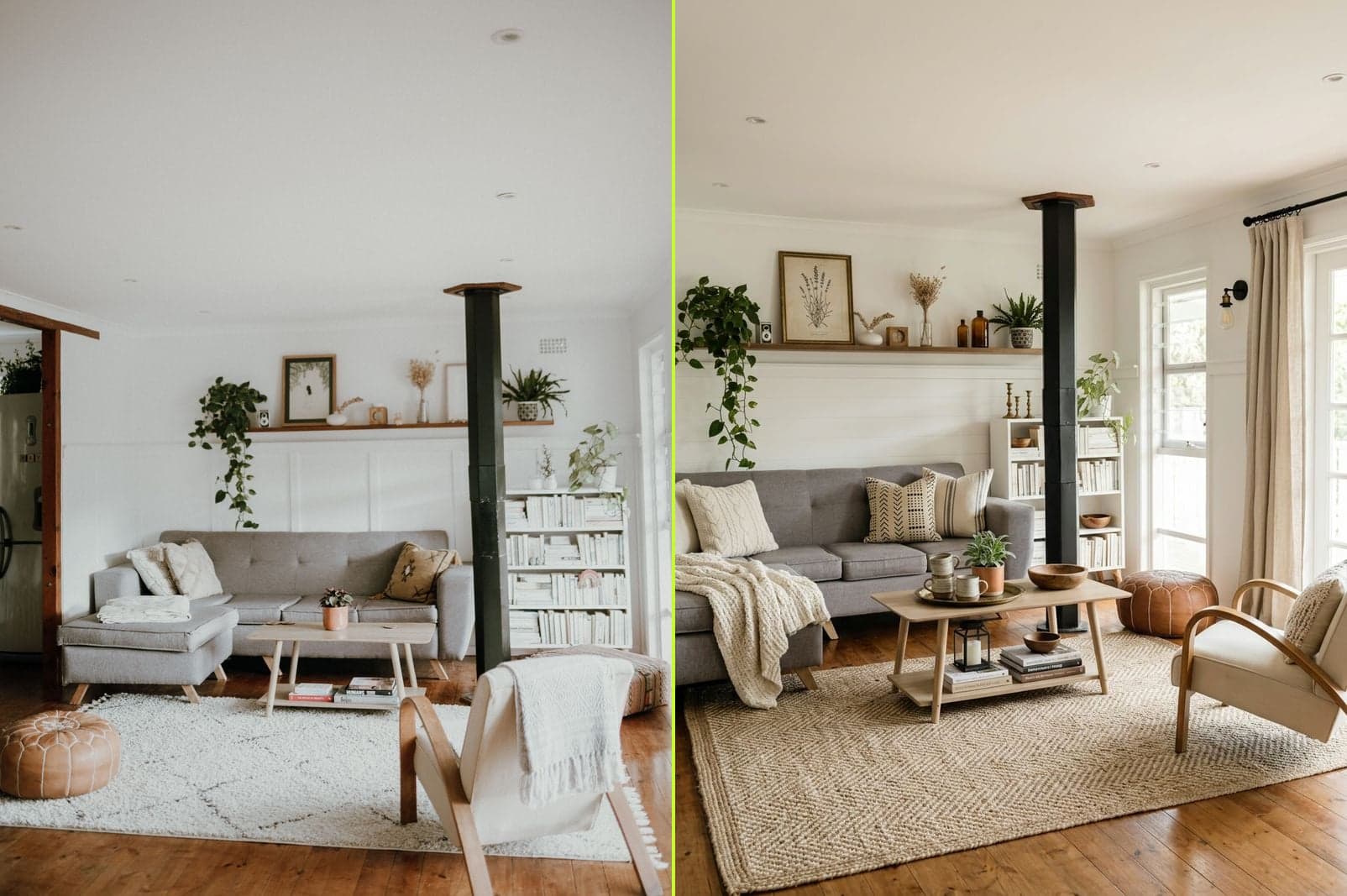 Living room decorated in modern farmhouse style — AI interior design